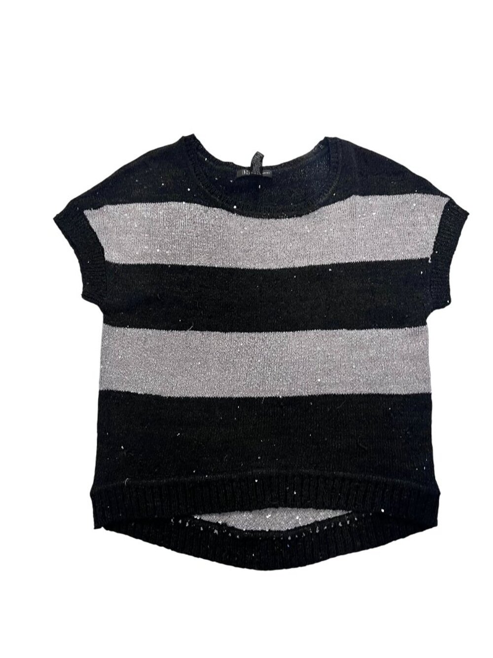 INC Black & Gray Striped Short Sleeve Sweater With Sequins, size medium
